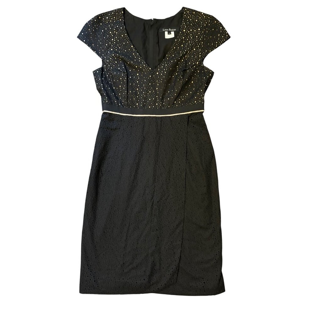 $520 Lida Baday 6 Midi Sheath Dress Black Tan Eyelet Faux Wrap Canadian LBD